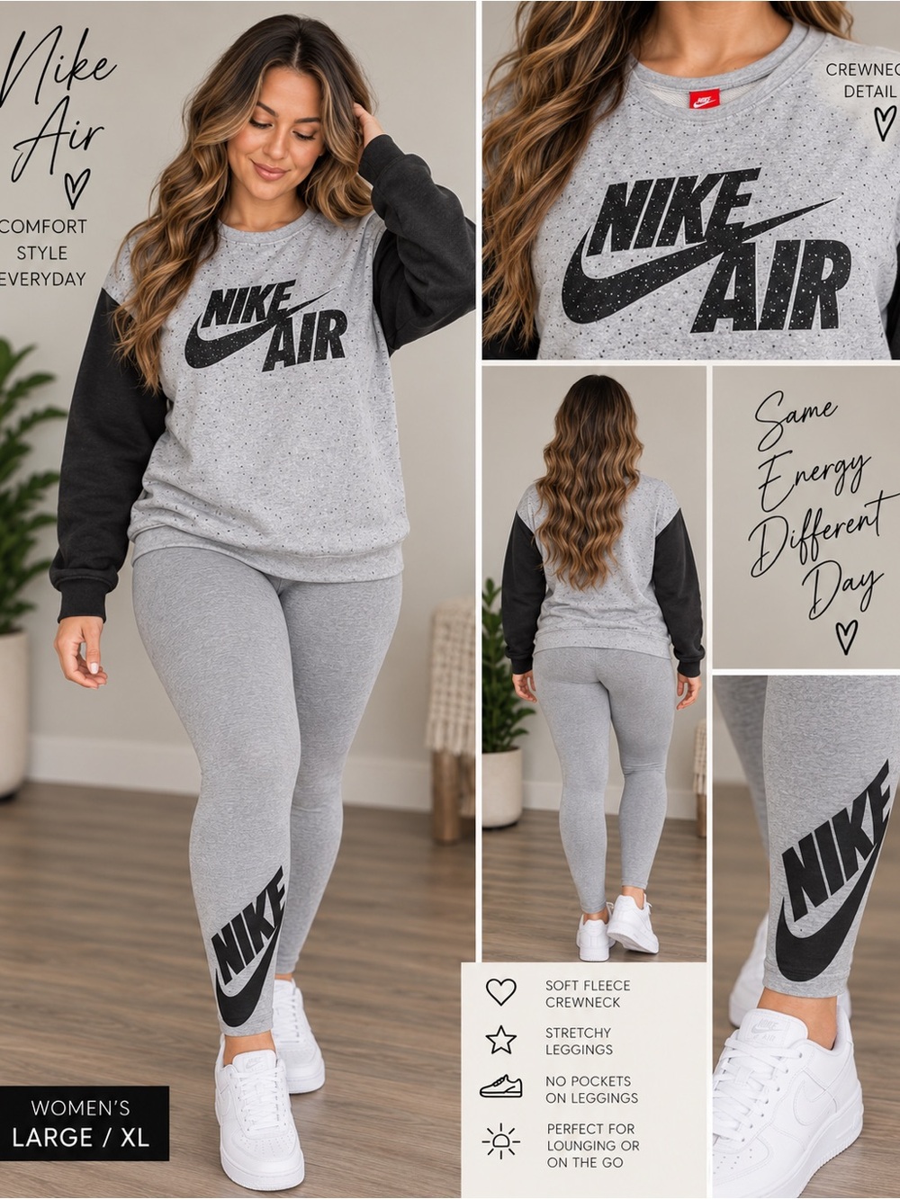 Women's Grey & Black Fleece Crewneck Set - Leggings & Sweatshirt